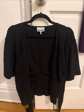 Ganni Black Textured Short-Sleeve Open-Front Cardigan